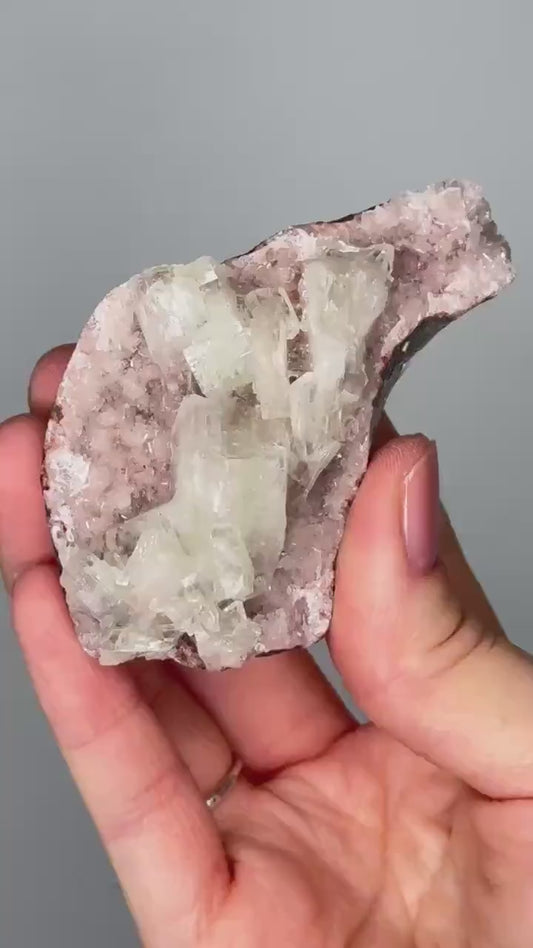 Green Apophyllite on Crystallized Pink Heulandite | Natural Zeolite Cluster | Unique Mineral Formation | Crystal Specimen for Display