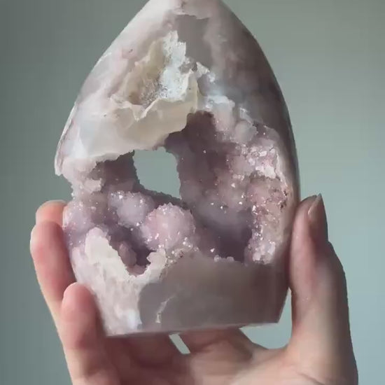 Druzy Pink Amethyst Flower Agate Flame | Natural Crystal Carving | Sparkling Druzy Amethyst with Floral Patterns | Unique Gemstone for Decor