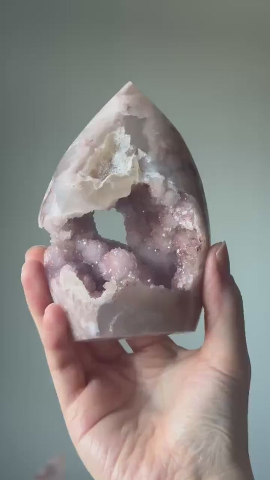 Druzy Pink Amethyst Flower Agate Flame | Natural Crystal Carving | Sparkling Druzy Amethyst with Floral Patterns | Unique Gemstone for Decor