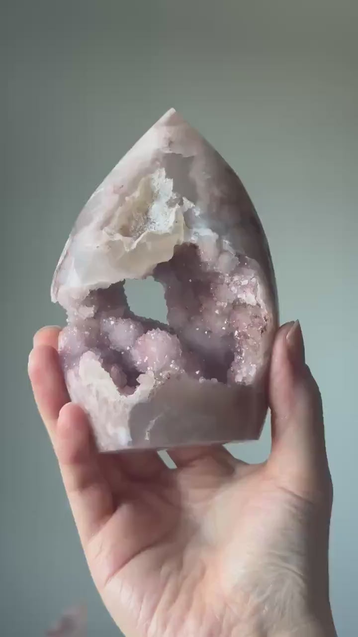 Druzy Pink Amethyst Flower Agate Flame | Natural Crystal Carving | Sparkling Druzy Amethyst with Floral Patterns | Unique Gemstone for Decor