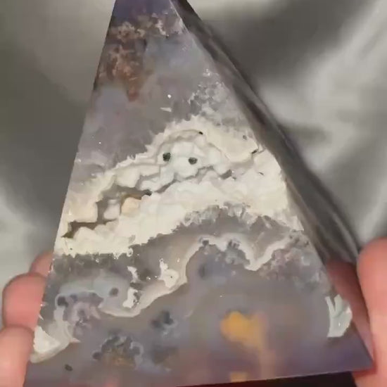 Druzy Agate Pyramid with Moss Inclusions | White Sugar Druzy Pocket | Natural Agate Crystal Pyramid Mineral Specimen for Collectors Display