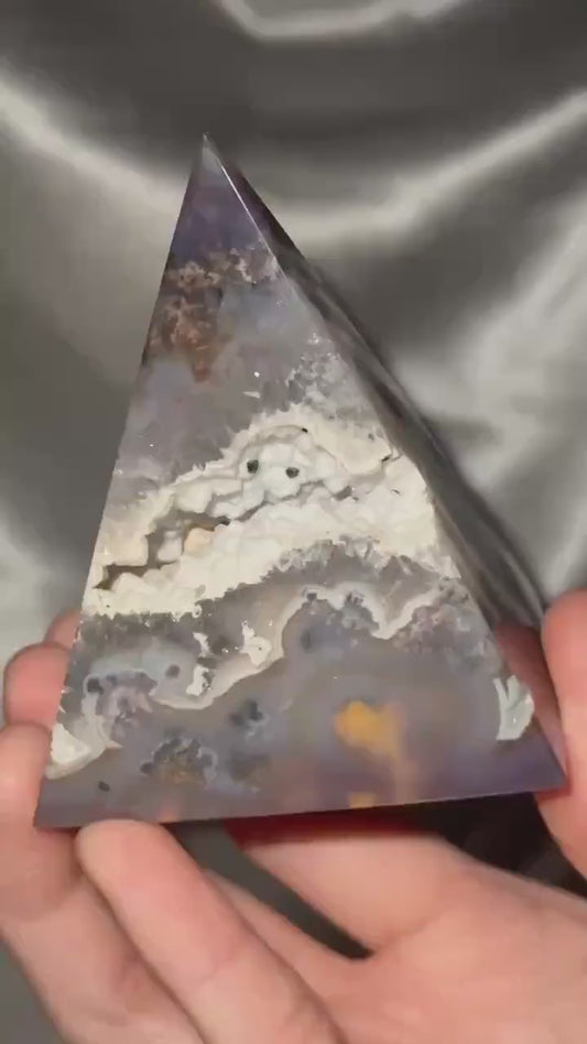 Druzy Agate Pyramid with Moss Inclusions | White Sugar Druzy Pocket | Natural Agate Crystal Pyramid Mineral Specimen for Collectors Display