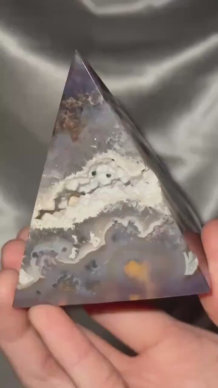 Druzy Agate Pyramid with Moss Inclusions | White Sugar Druzy Pocket | Natural Agate Crystal Pyramid Mineral Specimen for Collectors Display
