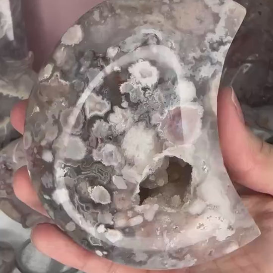 Moody Flower Agate Moon | Polished Crystal Crescent | Natural Gemstone with Soft Patterns | Unique Decor & Display Piece