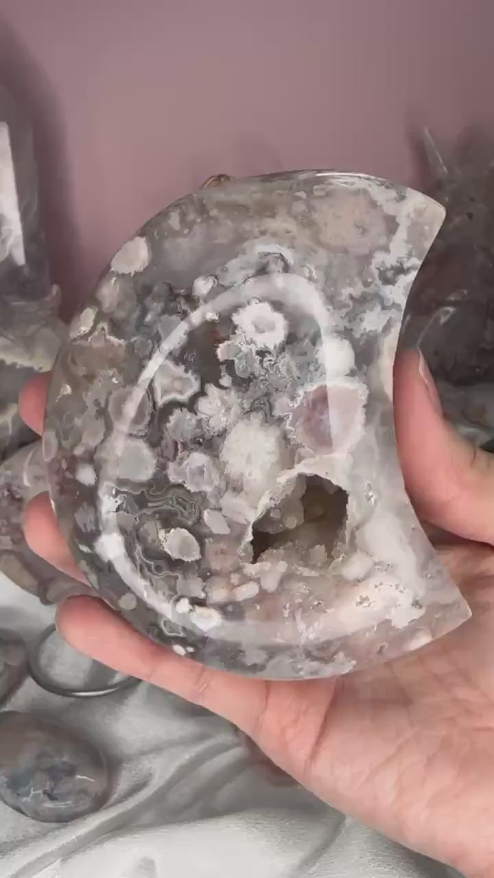 Moody Flower Agate Moon | Polished Crystal Crescent | Natural Gemstone with Soft Patterns | Unique Decor & Display Piece