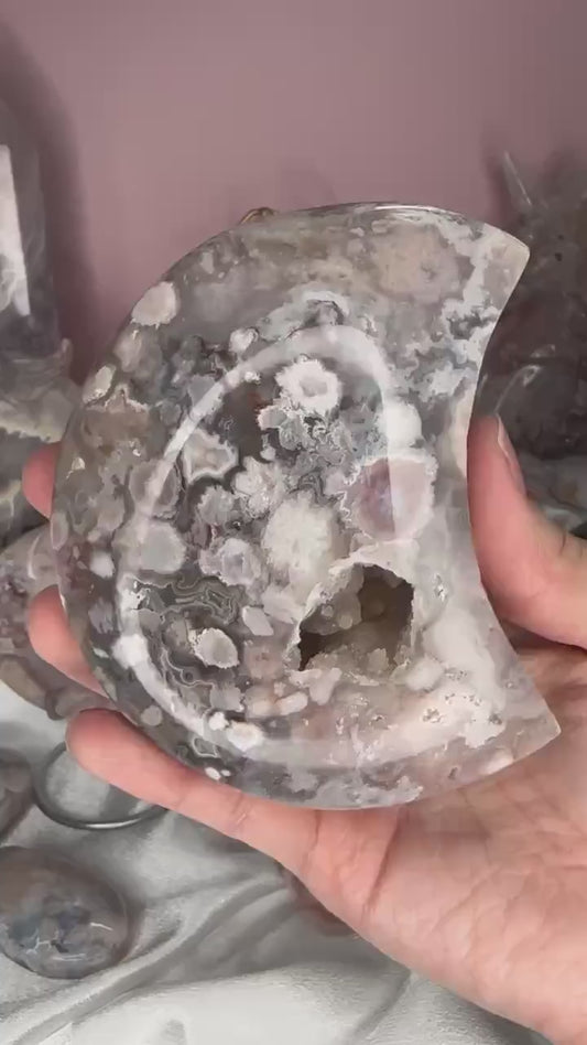 Moody Flower Agate Moon | Polished Crystal Crescent | Natural Gemstone with Soft Patterns | Unique Decor & Display Piece