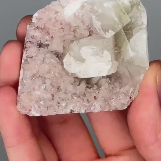 Green Apophyllite on Crystallized Pink Heulandite | Natural Zeolite Cluster | Unique Mineral Formation | Crystal Specimen for Display