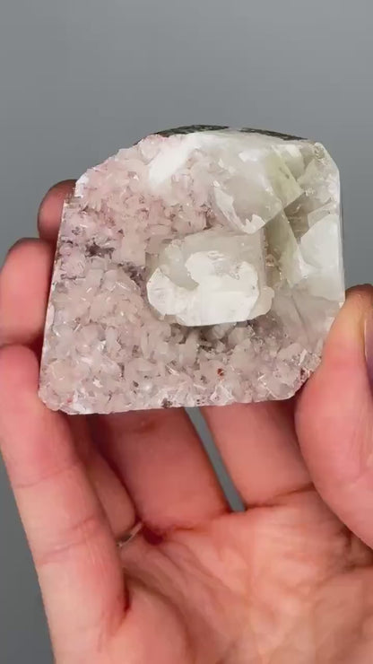 Green Apophyllite on Crystallized Pink Heulandite | Natural Zeolite Cluster | Unique Mineral Formation | Crystal Specimen for Display