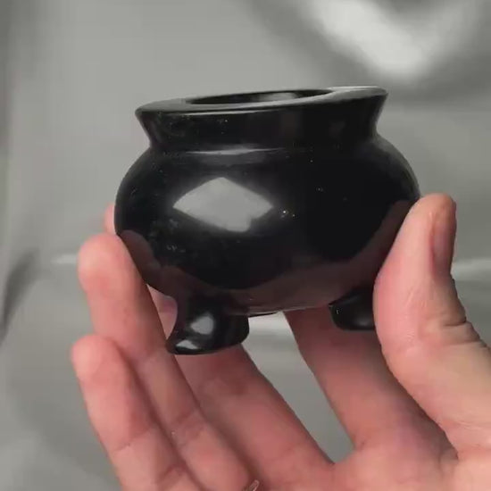 Silver Sheen Obsidian Cauldron Carving | Natural Obsidian Stone Mini Cauldron Sculpture | Polished Volcanic Glass Specimen for Collectors