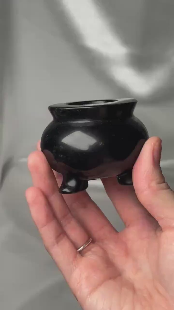 Silver Sheen Obsidian Cauldron Carving | Natural Obsidian Stone Mini Cauldron Sculpture | Polished Volcanic Glass Specimen for Collectors