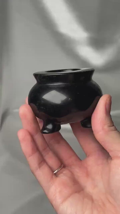 Silver Sheen Obsidian Cauldron Carving | Natural Obsidian Stone Mini Cauldron Sculpture | Polished Volcanic Glass Specimen for Collectors