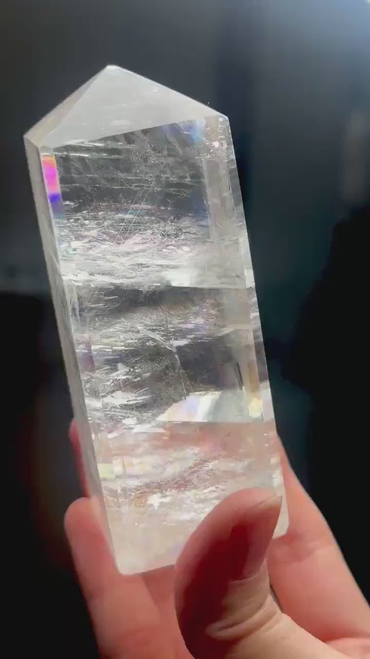 Optical Calcite Tower - IMPERFECT | Natural Clear Calcite Crystal Point | Polished Standing Iceland Spar Mineral for Collectors Display