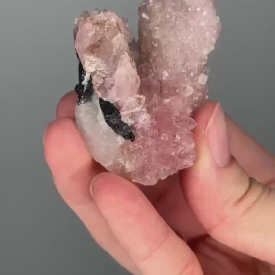 Crystallized Rose Quartz with Black Tourmaline on Stand | Natural Crystal Display | Raw Pink Quartz with Tourmaline Inclusions