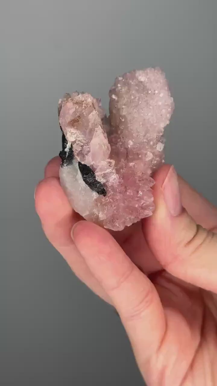 Crystallized Rose Quartz with Black Tourmaline on Stand | Natural Crystal Display | Raw Pink Quartz with Tourmaline Inclusions